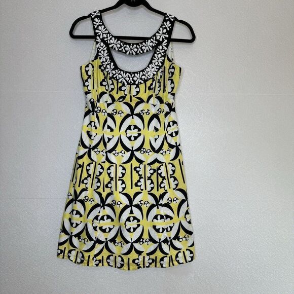 Nanette Lepore Beaded Cutout Dress Yellow Geo Floral Print 4 - Picture 1 of 5